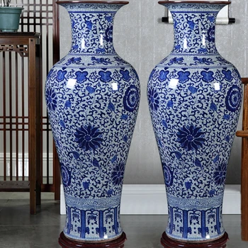 Керамическая большая ваза от пола до потолка, антикварная бело-голубая фарфоровая ваза