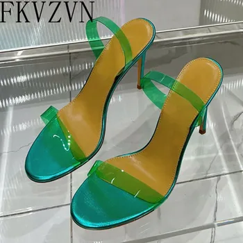 Сексуальные прозрачные босоножки, женские вечерние туфли на высоком каблуке, модные босоножки без застежки, зеленые туфли с открытым носком из ПВХ с одним поясом