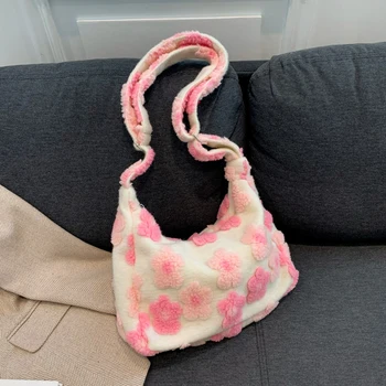 Женская Пушистая сумка-тоут, плюшевая сумка с цветочным принтом, универсальная сумка-ранец Y2k, сумочка из искусственного меха, зимняя сумка для покупок
